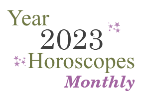 Text: Year 2023 Horoscope Monthly with purple stars