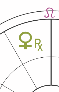 Retrograde Venus symbol depicted as in the tenth solar house (with Leo on the cusp of the house) in the solar chart of Scorpio.