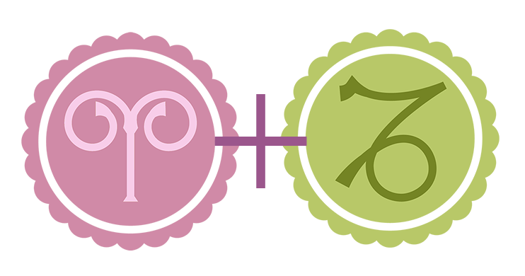 A pink Aries symbol (pink representing the Fire element) alongside a green Sagittarius symbol (green representing the Earth element).