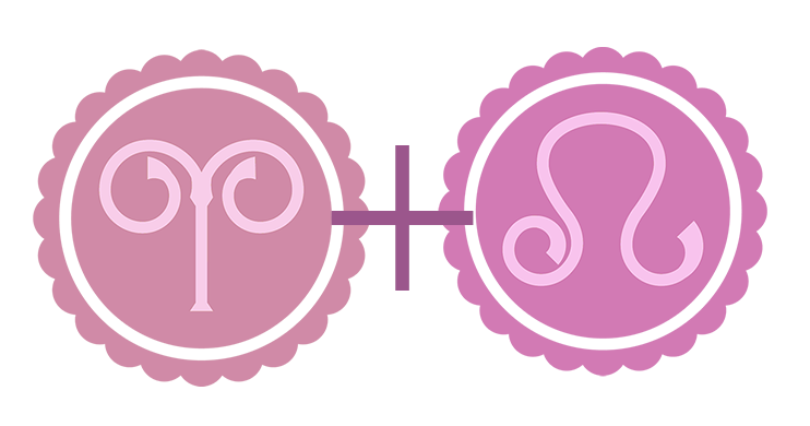 A pink Aries symbol (pink representing the fire element) alongside a pink Leo symbol