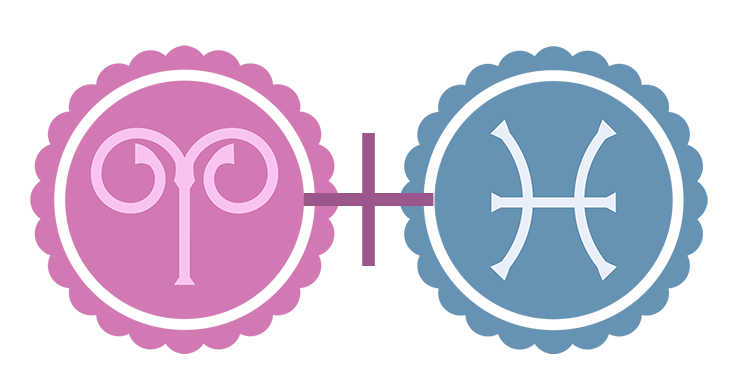 A pink Aries symbol (pink representing the Fire element) alongside a blue Pisces symbol (blue representing the Water element).