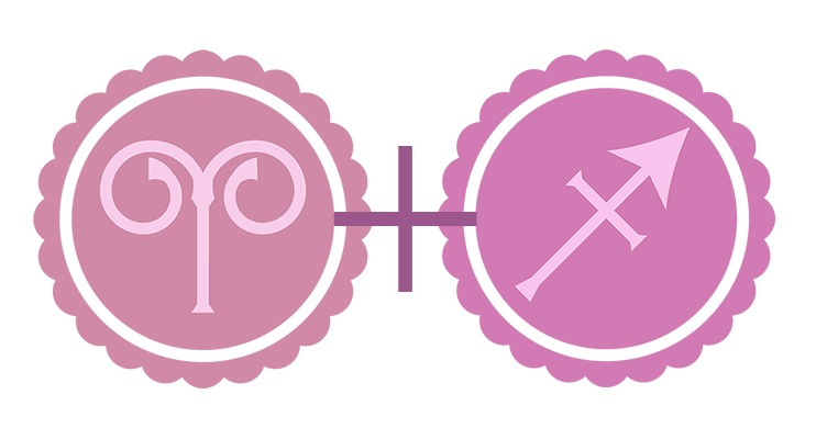 A pink Aries symbol (pink representing the Fire element) alongside a pink Sagittarius symbol.