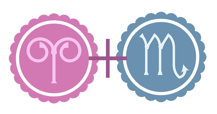 A pink Aries symbol (pink representing the Fire element) alongside a blue Scorpio symbol (blue representing the Water element).