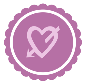 The Eros symbol (a heart with an arrow through it) within a purple-pink badge