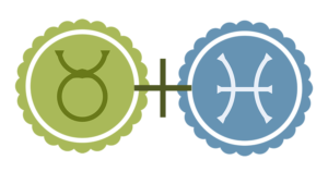 A green Taurus symbol (green representing the Earth element) alongside a blue Pisces symbol (blue representing the Water element).