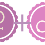 Venus symbol in a dark pink badge alongside a Mars symbol in a light pink badge, connected by a plus sign