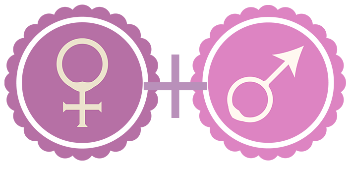 Venus symbol in a dark pink badge next to a Mars symbol in a light pink badge, connected with a plus sign