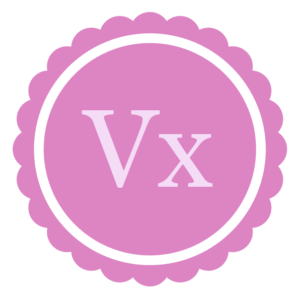 "Vx" on a pink badge as the astrological symbol for the vertex