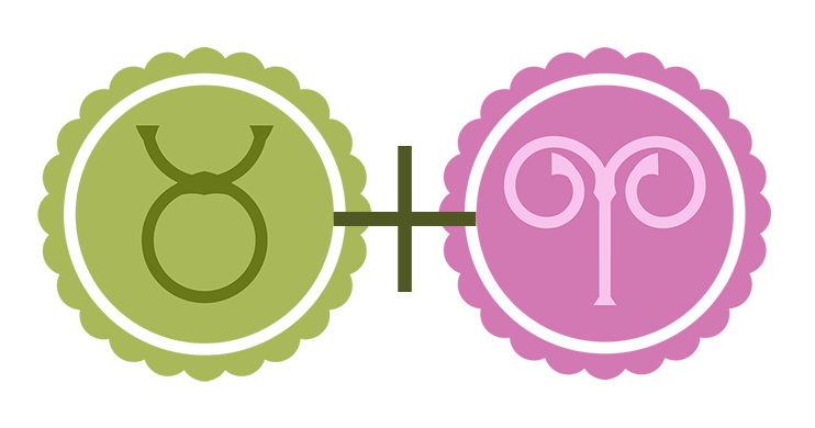 A green Taurus symbol (green representing the Earth element) alongside a pink Aries symbol (pink representing the Fire element).