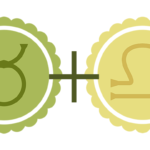 A green Taurus symbol (green representing the Earth element) alongside a yellow Libra symbol (yellow representing the Air element).