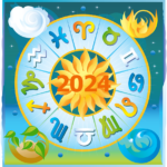 Illustration of a wheel of Aries through Pisces symbols on a chart with sky backdrop, and 2024 in the foreground on a Sun
