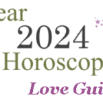 The words: "Year 2024 Horoscopes: Love Guide" highlighted by purple stars