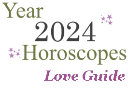 The words: "Year 2024 Horoscopes: Love Guide" highlighted by purple stars