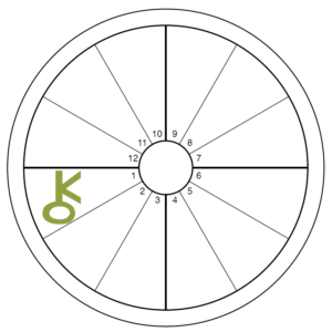 An oversized green Chiron symbol overlays the 1st house of an otherwise blank chart wheel