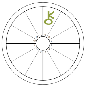 An oversized green Chiron symbol overlays the 9th house of an otherwise blank chart wheel