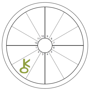 An oversized green Chiron symbol overlays the 2nd house of an otherwise blank chart wheel