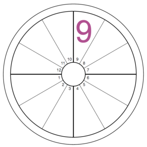 A blank chart has a purple numeral nine overlaying the 9th house, found near the middle top of the chart, to the right