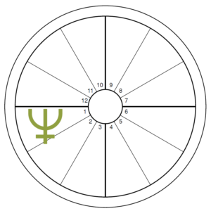 An oversized green Neptune symbol overlays the 1st house of an otherwise blank chart wheel