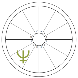 An oversized green Neptune symbol overlays the 2nd house of an otherwise blank chart wheel