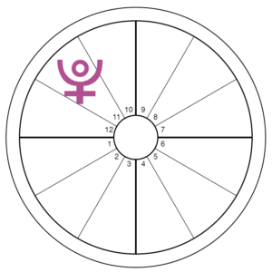 An oversized purple Pluto symbol overlays the eleventh house of an otherwise blank chart wheel