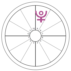 An oversized purple Pluto symbol overlays the ninth house of an otherwise blank chart wheel