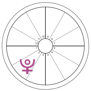An oversized purple Pluto symbol overlays the second house of an otherwise blank chart wheel