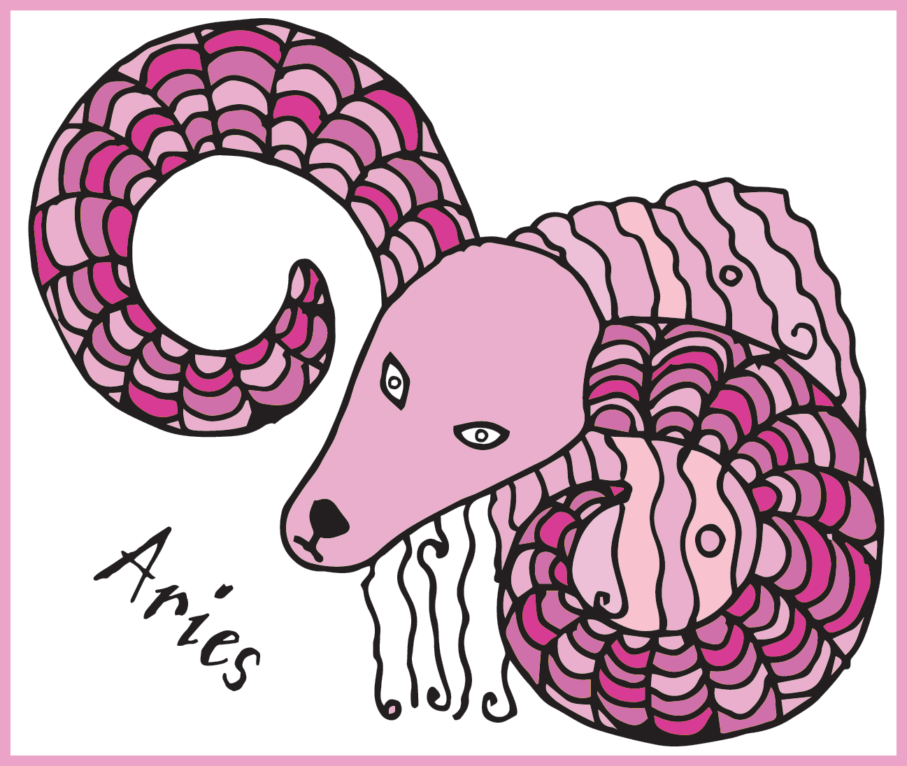 An illustration of a ram with large horns in many different shades of pink