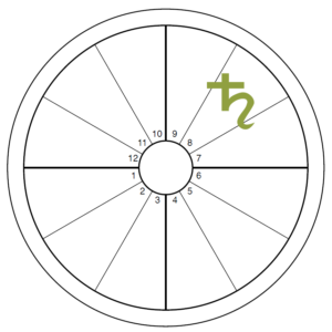 An oversized green Saturn symbol overlays the 8th house of an otherwise blank chart wheel