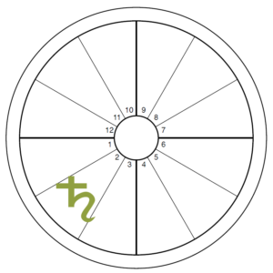 An oversized green Saturn symbol overlays the 2nd house of an otherwise blank chart wheel