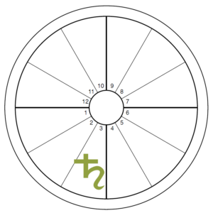 An oversized green Saturn symbol overlays the 3rd house of an otherwise blank chart wheel