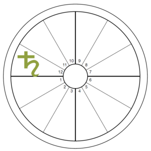 An oversized green Saturn symbol overlays the 12th house of an otherwise blank chart wheel