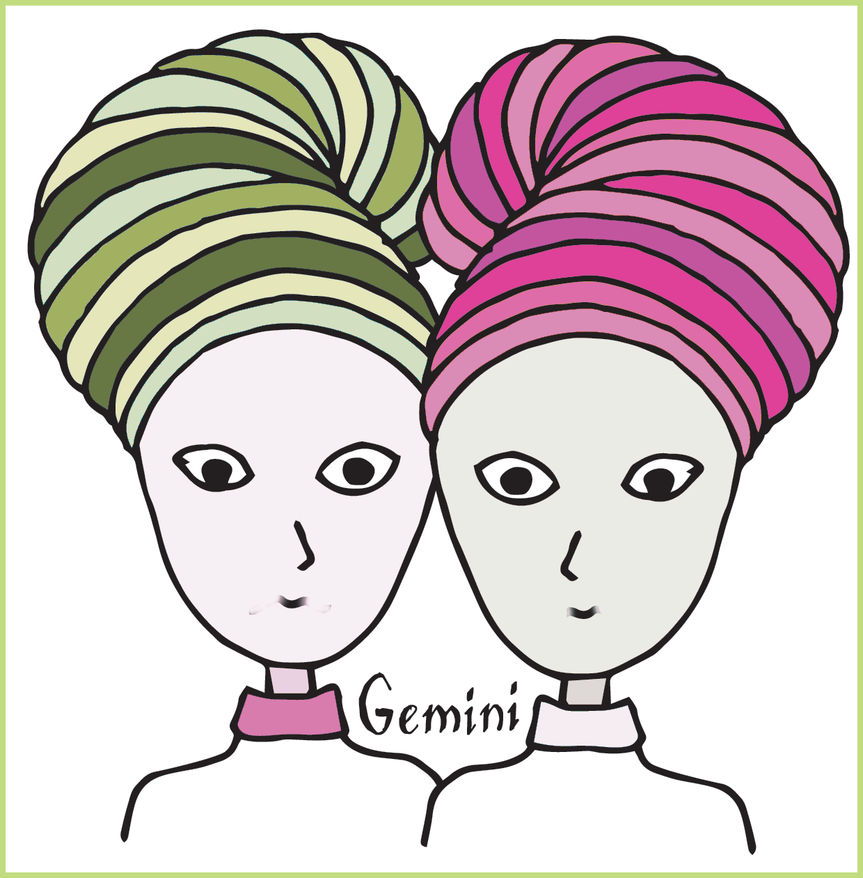 Two women representing twins, identical but in different colors (pink and green)