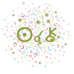 Symbols for the Sun, conjunction aspect, and Chiron in the foreground on a background of random small astrology symbols