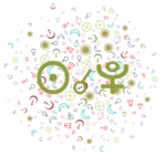 Symbols for the Sun, conjunction aspect, and Pluto in the foreground on a background of random small astrology symbols