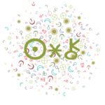 Symbols for the Sun, sextile aspect, and Chiron in the foreground on a background of random small astrology symbols