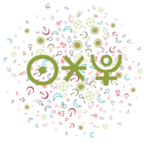 Symbols for the Sun, sextile aspect, and Pluto in the foreground on a background of random small astrology symbols