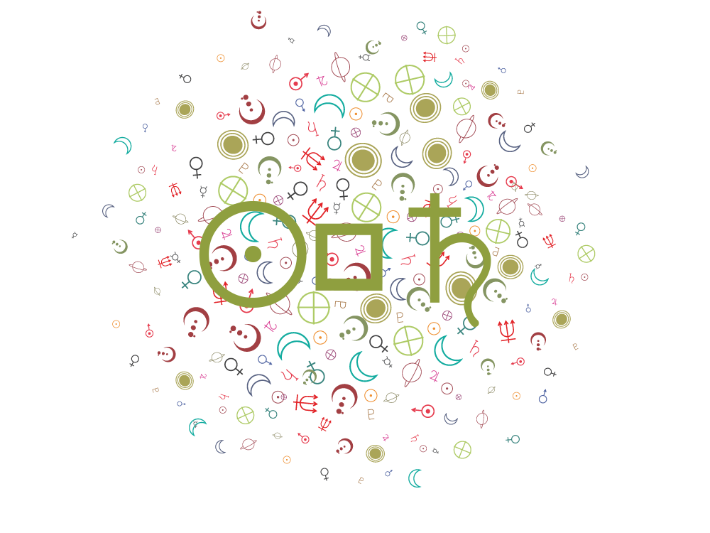 Symbols for the Sun, square aspect, and Saturn in the foreground on a background of random small astrology symbols