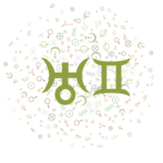 The symbols for Uranus and Gemini on the foreground of small, randomized astrology symbols