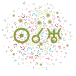 Symbols for the Sun, conjunction aspect, and Uranus in the foreground on a background of random small astrology symbols