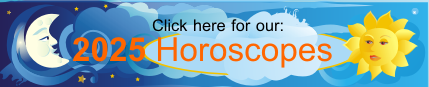 Image: Banner with moon on the left, sun on the right. Text: Click here for our: 2025 Horoscopes