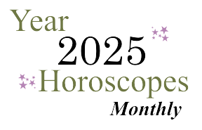 Text in green and black: "year 2025 Horoscopes: Monthly" with purple stars