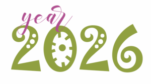 Decorative text in green and pink, Year 2026