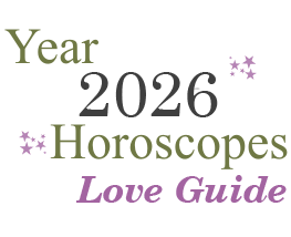 Text reads, Year 2026 Horoscopes, Love Guide, with decorative stars