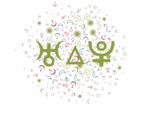 The symbols of Uranus, trine aspect, and Pluto in the foreground, against a backdrop of random tiny astrological symbols