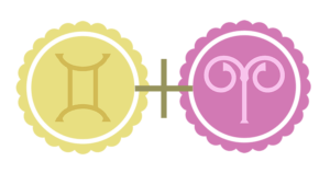 A yellow Gemini symbol (yellow representing the Air element) alongside a pink Aries symbol (pink representing the Fire element).