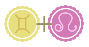 A yellow Gemini symbol (yellow representing the Air element) alongside a pink Leo symbol (pink representing the Fire element).